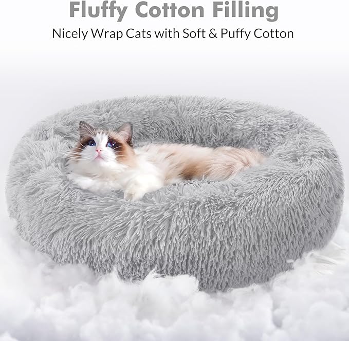 rabbitgoo Cat Beds for Indoor Cats, 24 inches Cat Bed Machine Washable, Fluffy Round Pet Bed Non-Slip, Calming Soft Plush Donut Cuddler Cushion Self Warming for Small Dogs Kittens, Light Grey, Large