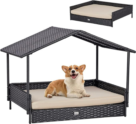 NATURAL EXPRESSIONS 2-in-1 Wicker Dog House,Elevated Dog Bed for Indoor/Outdoor with Removable Canopy,Large Dog House with Raised Pet Cot Cool, Breathable, Shade, waterrproof with Non-Slip Feet