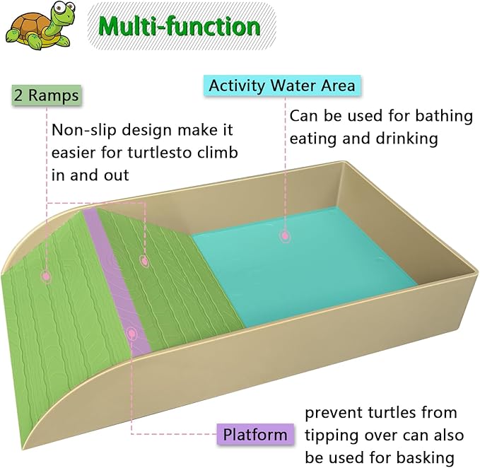 Tortoise Feeding Dish with Ramp and Basking-Platform - Leaf Tortoise Water Food Bowls, Reptile Water Dish Amphibians Habitat, Reptile Water Bowl Fit for Amphibians with Forcep Cleaning Clip
