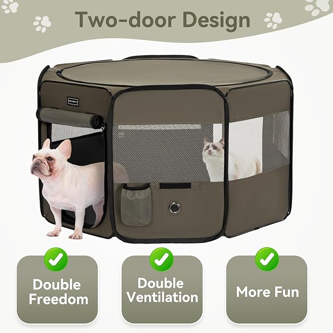 PETSFIT Puppy Playpen, 29.5" Dia Sturdy Foldable cat Playpen for Small Pets Indoor/Outdoor, Portable Pet Playpen with Carring Case, Removable Mesh Zipper Top and Waterproof Playpen Mat Grey-Black S