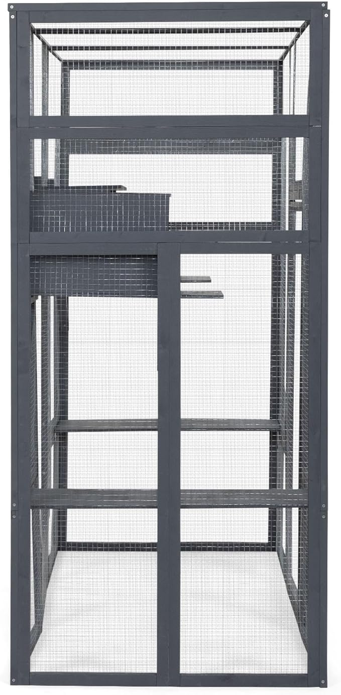 63 Inch Wooden Catio Outdoor Cat Enclosure w/ 2 Napping Houses, Luxury Kitty-House with 7 Jumping Platforms & Weatherproof Tarpaulin, Walk-in Kitty Kennel Condo Shelter