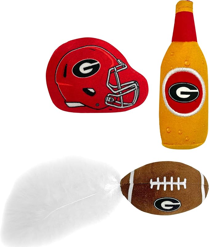 BEST PLUSH CAT TOY - NCAA GEORGIA BULLDOGS Complete Set of 3 piece Cat Toys filled with Fresh Catnip. Includes: 1 Helmet Cat Toy, 1 Football Cat Toy with Feathers & 1 Beer Bottle. Beautiful Team LOGOS