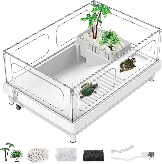 Small Turtle Tank, Turtle Aquarium, Acrylic Turtle Terrarium with Basking Platform, Bottom Drainage, Multi-Function Areas for Turtles, Crabs, Crayfish, Small Reptiles. (White Tank)
