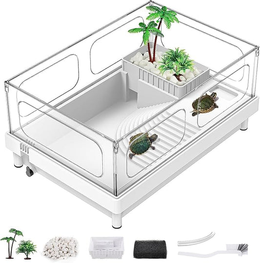 Small Turtle Tank, Turtle Aquarium, Acrylic Turtle Terrarium with Basking Platform, Bottom Drainage, Multi-Function Areas for Turtles, Crabs, Crayfish, Small Reptiles. (White Tank)