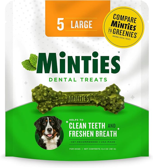 Minties Dental Chews for Dogs, 5 Count, Vet-Recommended Mint-Flavored Dental Treats for Large Dogs Over 50 lbs, Dental Bones Clean Teeth, Fight Bad Breath, and Removes Plaque and Tartar