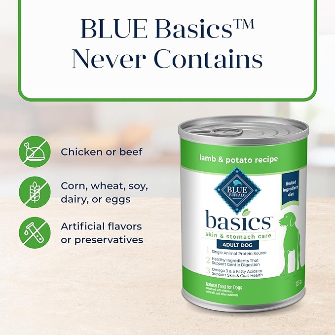 Blue Buffalo Basics Grain-Free Adult Wet Dog Food, Skin & Stomach Care, Limited Ingredient Diet, Lamb Recipe, 12.5-oz. Can, 12 Count