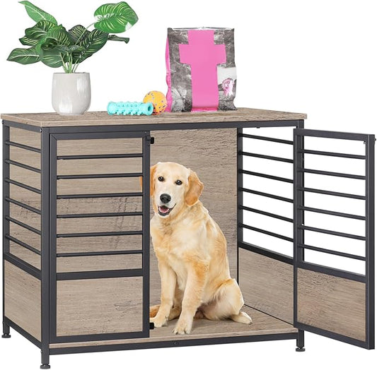 Dog Crate Furniture, Melos Wooden Heavy Duty Dog Cage Side End Table, Indoor Dog Kennel, Decorative Style Steel Tube Structure Pet Crate House for Large/Medium/Small Dog, Gray