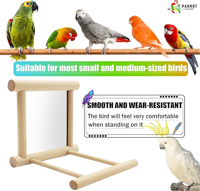 Bllesqelax Bird Parakeet Mirror for Cage,Parrot Perch Stand,Wooden Hummingbird Swing Toy,Parakeet Accessories for Cockatiels Conure Finch Lovebird Canary African Grey Macaw