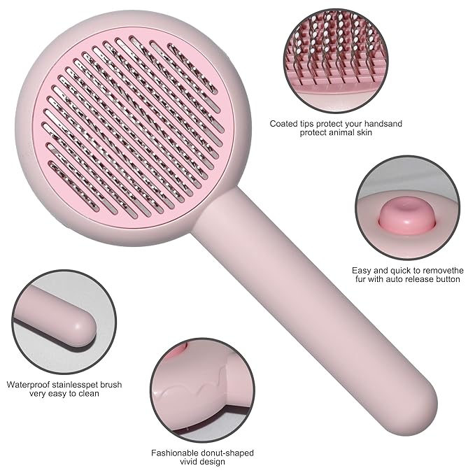 Cat Grooming Brush - Dog Cat Bunny Pet Self Cleaning Slicker Brush - Easy to Remove Loose Undercoat, Pet Massaging Tool Suitable for Pets with Long or Short Hair（Pink)