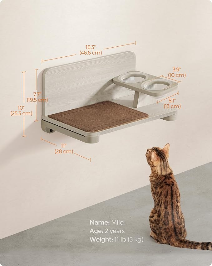 Feandrea Clickat Collection - No.009 Cat Food Station, Wall-Mounted Cat Feeding Shelf with Elevated Cat Food Bowls, Extremely Quick Assembly, Unlimited Expandability, Replaceable Module and Felt Pad