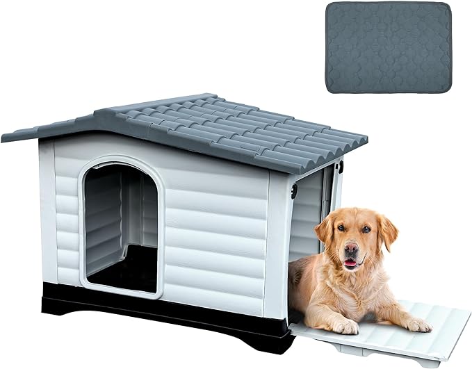 YITAHOME 43.7'' Large Double Door Dog House with Porch & Cushion, Outdoor Plastic Doghouse with Elevated Base, Easy to Install, Water-Resistant Pet House for Medium Large Dogs (43.7''L*33''W*31.6''H)