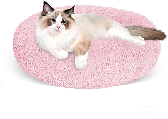 Cat Bed for Indoor Cats,24 Inch Cat Bed & Dog Bed Machine Washable, Fluffy Round Pet Bed Non-Slip, Calming Soft Plush Donut Cuddler Cushion Self Warming for Puppy and Kitten