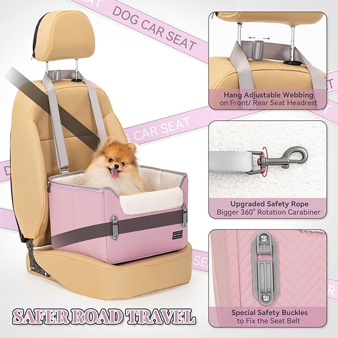 PETSFIT Dog Car Seats for Small Dogs, Portable Puppy Car Saet for Car with Clip-On Leash, Adjustable Straps Suitable for Small Pets Up to 25lbs (Light Pink)