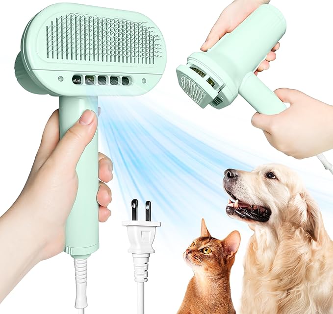 2-in-1 Pet Dryer and Brush- Overheating Protection, 3 Blowing Modes, Low Noise- Ideal Dog Dryer for Pet Grooming, Small and Medium Dogs/Cats- Slim Handle- Dog Blow Dryer (green)