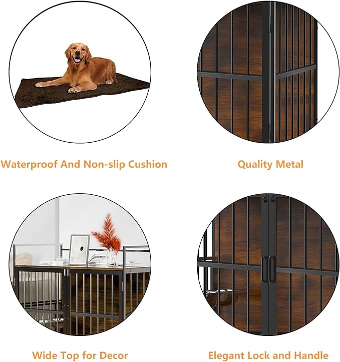 ROOMTEC Furniture Style Large Dog Crate with 360° & Adjustable Raised Feeder for Dogs 2 Stainless Steel Bowls -End Table House Pad, Indoor Use,41" L X 24" W 36" H, Classic Brown