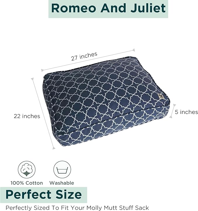 Molly Mutt Small Dog Bed Cover - Romeo & Juliet Print - Measures 22”X27”X5’’ - 100% Cotton - Durable - Breathable - Sustainable - Machine Washable Dog Bed Cover