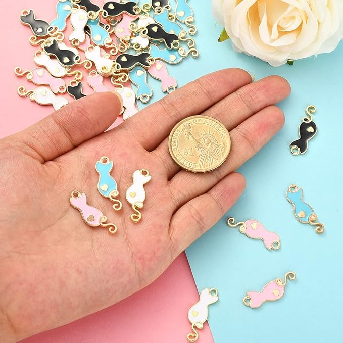 KitBeads 40pcs Mixed Styles Enamel Cat Charms Cute Sitting Cat Pet Charms Metal Little Animal Love Heart Cat Charms for Jewelry Making Bracelets Bulk