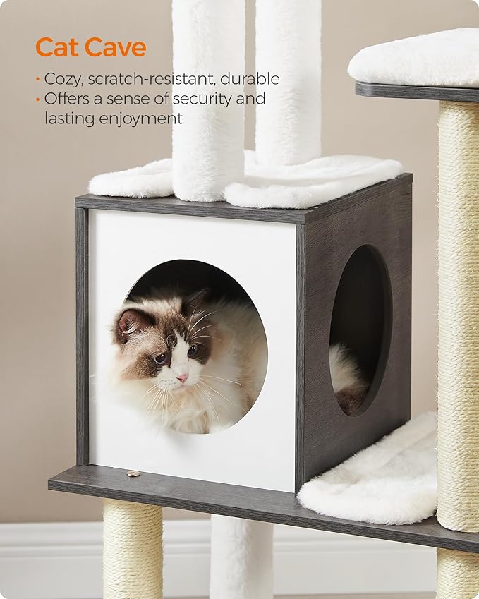 Feandrea WoodyWonders Cat Tree, 65-Inch Modern Cat Tower for Indoor Cats, Multi-Level Cat Condo with 5 Scratching Posts, Perch, Washable Removable Cushions, Cat Furniture, Misty Gray UPCT166G03