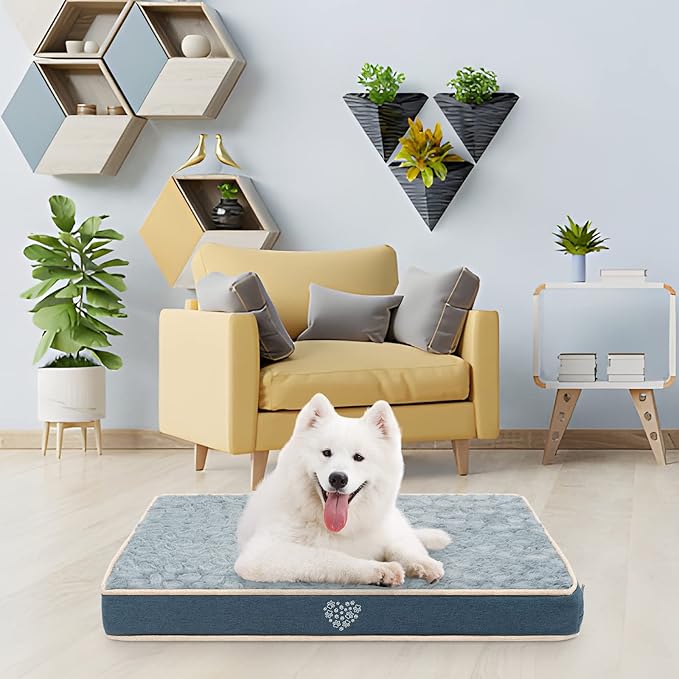 VANKEAN Waterproof Dog Crate Pad Bed Mat Reversible (Cool & Warm), Removable Washable Cover & Waterproof Inner Lining, Pet Crate Mattress for Cats and Dogs, Joint Relief Dog Bed for Crate, Navy/Grey