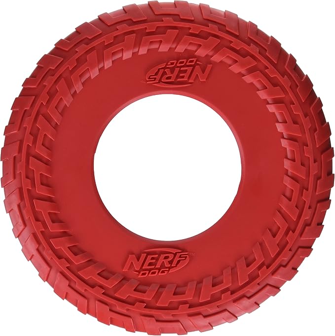 Nerf Dog Rubber Tire Flyer Dog Toy, Flying Disc, Lightweight, Durable, Floats in Water, Great for Beach and Pool, 10 Inch Diameter, 3 Pack, Red and Translucent Green and Translucent Blue