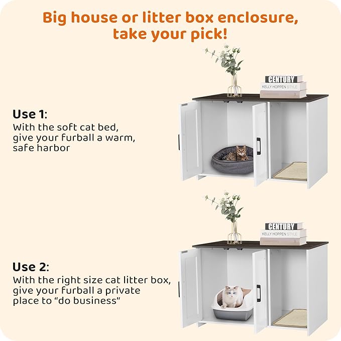 DWANTON Litter Box Enclosure, Cat Litter Box Furniture Hidden, with Scratching Mat, Wooden Cat Washroom Indoor, Fit Most of Litter Box, 31.5" L x 19.7" W x 21.7" H, White+Dark Gray