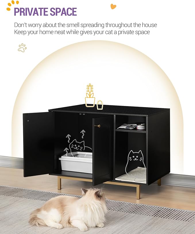 Cat Litter Box Enclosure, Hidden Litter Box Furniture, Wooden Pet House Side End Table, Storage Cabinet Bench for Living Room, Bedroom, 31.5 x 19.7 x 23.9 inches, Black and Gold CB01504G