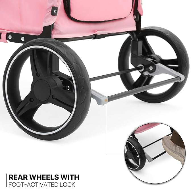 MoNiBloom Pet Stroller for Large Dogs or Multiple Dogs Cats with Adjustable Handle, 3-Wheels Dual Entry Portable Dog Carting Easy Folding Pet Wagon Double Dog Stroller up to 55 lbs, Pink