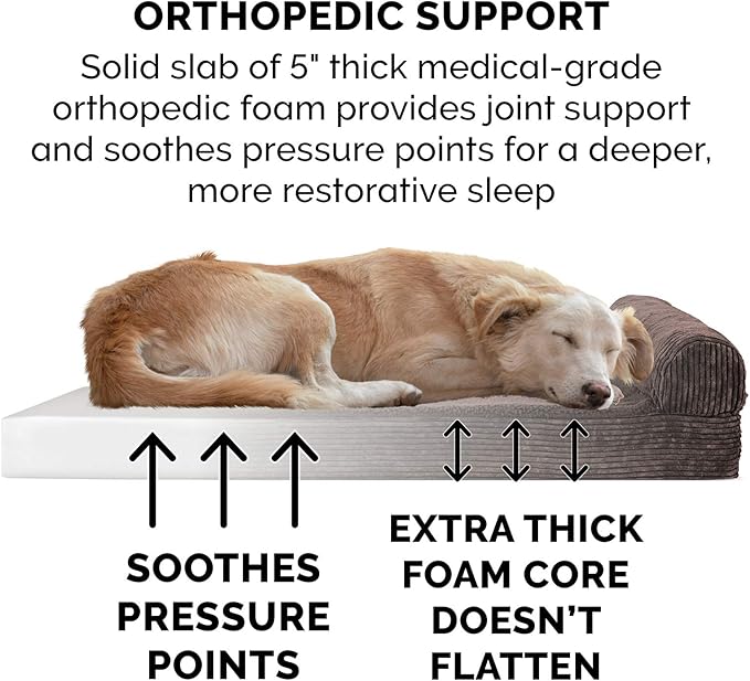 Furhaven Orthopedic Dog Bed for Large Dogs w/ Removable Bolster & Washable Cover, For Dogs Up to 125 lbs - Fleece & Corduroy Bolster Chaise - Dark Espresso, Jumbo Plus/XXL