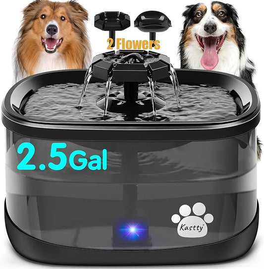 Kastty 2.5Gal/9.5L Dog Water Fountain 3 Flow Modes Cat Fountain with 2 Flower Spouts& 7" Larger Filter Super Filtration& Smart 3 in 1 LED Safe Pump, BPA-Free, Quiet, Ideal for Large Dogs& Multi Pets