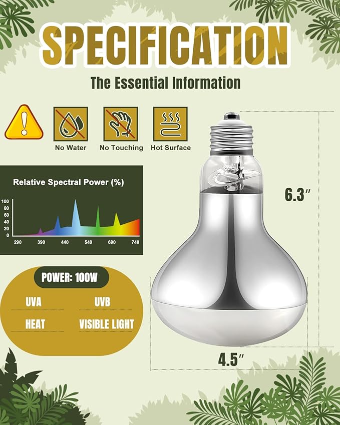 Heat Lamp Bulbs, 100 Watt Reptile Heat Bulb, Full Spectrum UVA UVB Light Bulb, Natural Daylight, Basking Spot Light, Sun Light for Reptile and Amphibian 2 Pack