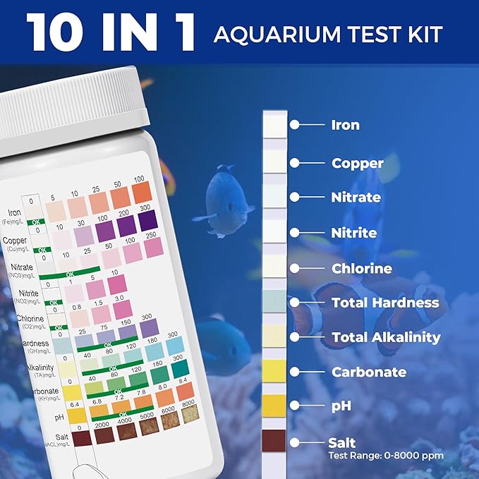 Aquarium Test Strips for Saltwater Tank: 10-in-1 125 Counts Salt Water Aquarium Water Test Kit, Fish Tank Test Strips for Testing Salt Chlorine Copper Nitrate pH and More, AQSTTN24