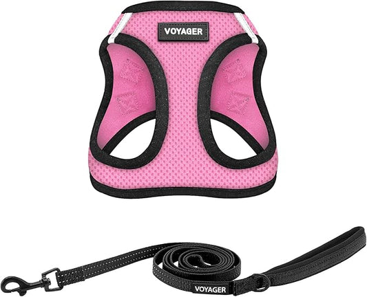 Voyager Step-in Air All Weather Mesh Harness and Reflective Dog 5 ft Leash Combo with Neoprene Handle, for Small, Medium and Large Breed Puppies by Best Pet Supplies - Pink/Black Trim, XXX-Small