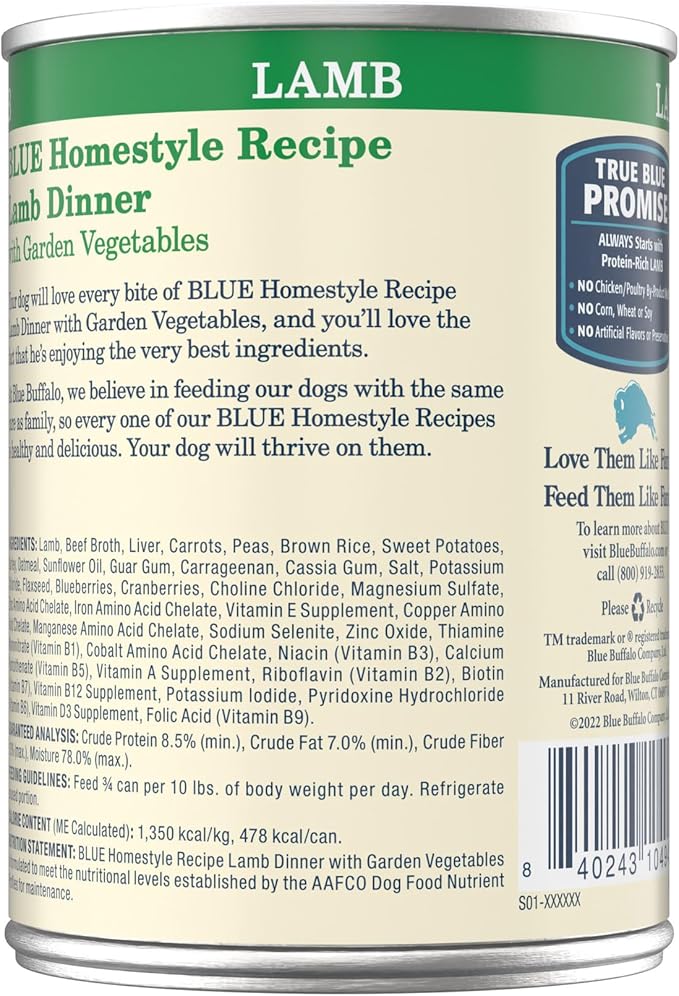 Blue Buffalo Homestyle Recipe Natural Adult Wet Dog Food, Lamb 12.5 oz cans (Pack of 12)