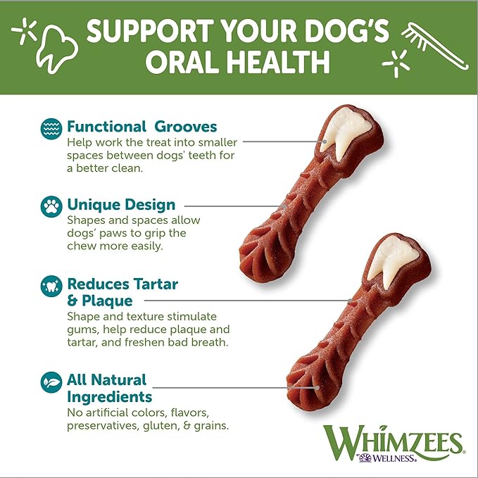 Whimzees Brushzees Dental Dog Treats for Medium Dogs (25-40 lbs), Bag of 7 Chews, Vegetable