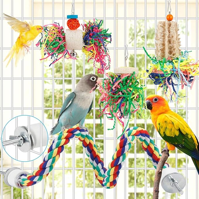 Bird Toys Bird Shredding Foraging Toys Parakeet Toy Chewing Hanging Toy Bird Shredded Paper Bird Cage Accessories Bird Rope Perch for Conure Cockatiel Budgies Lovebird Parrotlet (with Rope Perch)