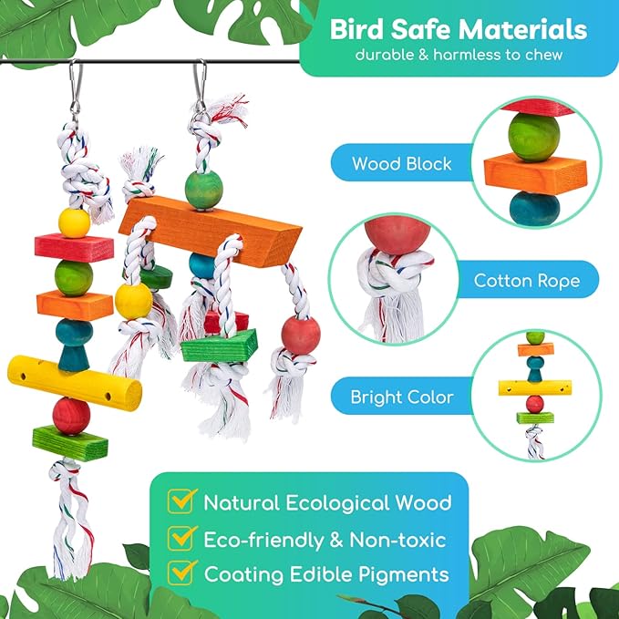 Nobleza Bird Toys, 2 Pack Parrot Chew Toys with Nature Wood Non-Toxic Safe Cotton Rope, Colorful Foraging Toys Bird Cage Accessories for Parrots, Cockatiels, Parakeets, Budgies