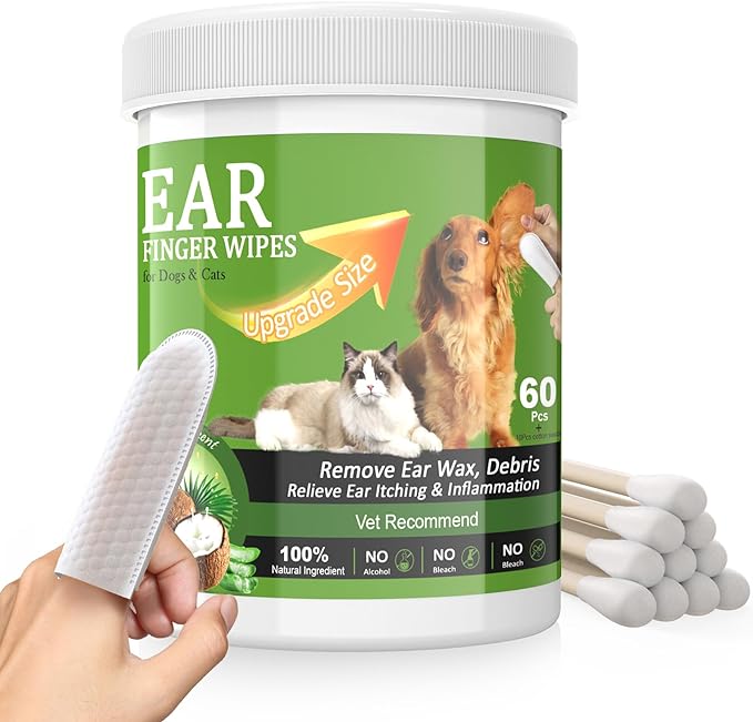 [60 pcs Extra-Large] Dog Ear Wipes - Ear Cleaner for Dogs and Cats - Remove Ear Wax, Debris Gently - Soothes & Deodorizes - All Natural Ingredients - Coconut Scent - with Cotton Swabs