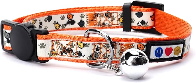 Pawtitas Glow in The Dark Cat Collar with Safety Buckle and Removable Bell Cat Collar Kitten Collar Orange Cat Collar