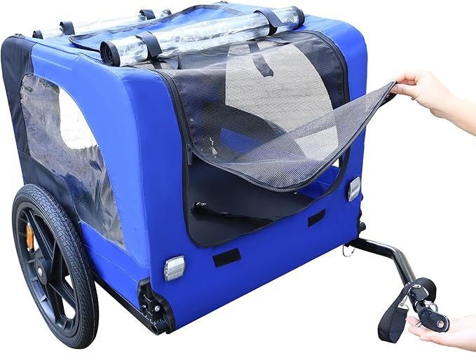 Pet Bike Trailer Folding Pet Carrier Wagon with Folding Frame and 16 Inch Wheels Carrier Folding Pet Carrier Wagon for Small Medium Large Size Dogs Blue