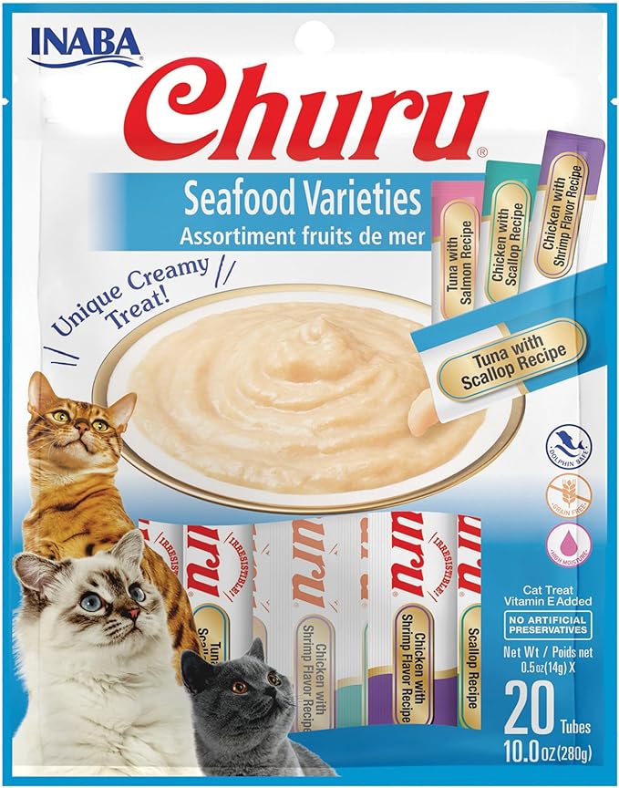 INABA Churu Cat Treats, Lickable, Squeezable Creamy Purée Cat Treat with Green Tea Extract & Taurine, 0.5 Ounces Each Tube, 20 Tubes, Seafood Variety