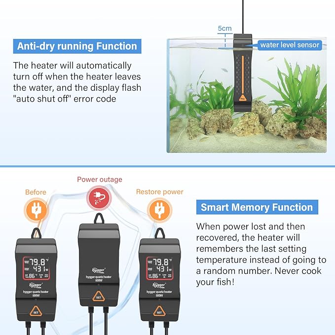 hygger Aquarium Heater 300W 500W 800W 1000W 1200W, Large Adjustable Fish Tank Heater with Intelligent Automatic Power-Off System, Water Heater with LED Digital Display, for Saltwater and Freshwater