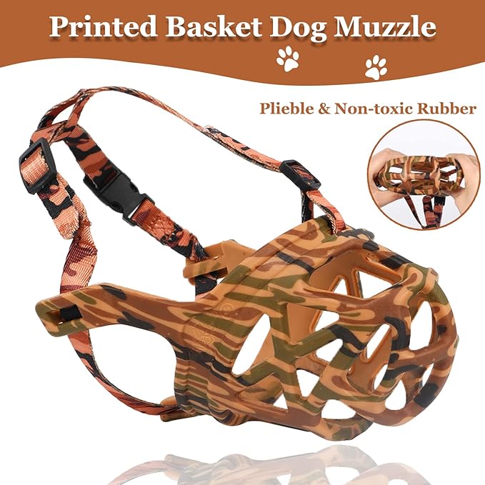 Dog Muzzle, Printed Basket Muzzle for Small Medium Large Dogs Dachshund, Beagle, German Shepherd, Breathable Pet Muzzles to Prevent Biting Chewing Scavenging, Allows Panting and Drinking