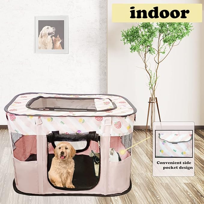 Portable Foldable Pet Playpen Collapsible Crates Kennel Playpen for Dog cat and Rabbit &Travel playpen Outdoor or Indoor (M, Pink)