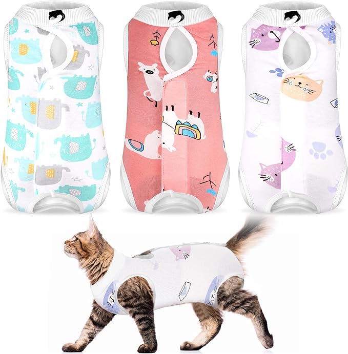 3 Pieces Cat Recovery Suit Kitten Recovery Suit E-Collar Alternative for Cats and Dogs Abdominal Skin Anti Licking Pajama Suit (Cute Pattern, Medium)