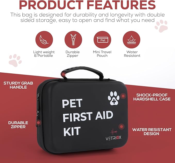 Dog first aid kit | Pet first aid kit for dogs and cats | 85 pieces with styptic clotting stick and bonus travel pouch | Dog emergency kit for home and travel | Dog medical kit (hard case)