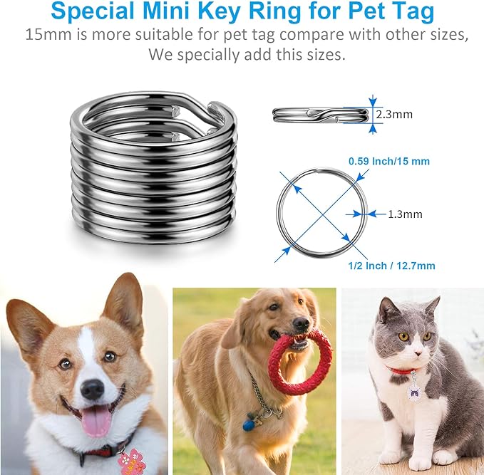 Split Key Ring Circle Assorted, Round Keyring Durable 5 Sizes (1/2 inch, 3/4 inch,1 inch, 1.25 inch, 1.38 inch)