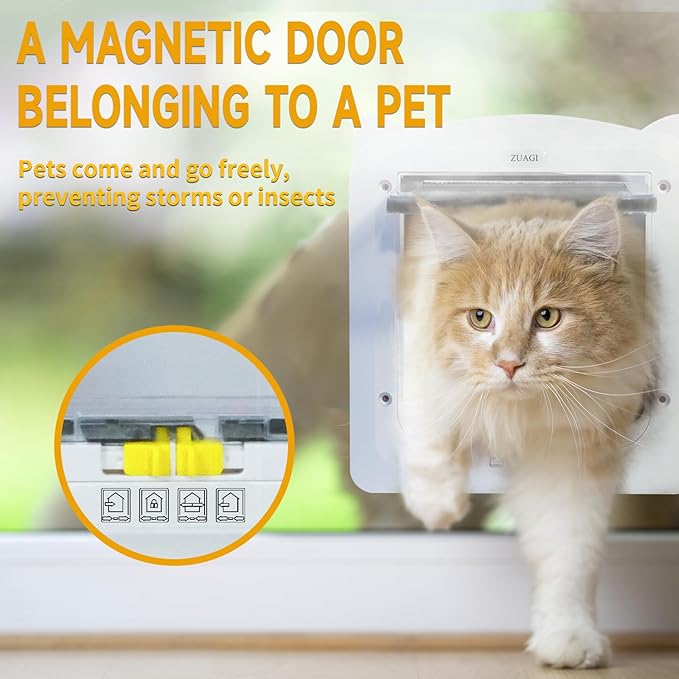 Magnetic Interior & Exterior Cat Door with 4 Way Locking，Cat Door Latch（Outer Size：11.5‘’x10.2‘’ Inter Size：7.5‘’x7.1‘’） Weatherproof Cat Door ，Cat Door for Window,Cat Door Interior Door