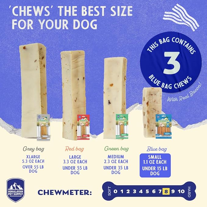 Himalayan Dog Chew Premium Yak Cheese Himalayan Dog Chews, Bacon, 3 Small Treats, 1.1 oz, Healthy Dog Treats Small Dogs, All Natural, Long Lasting Dog Chews for Puppy and Dogs Under 15 lbs