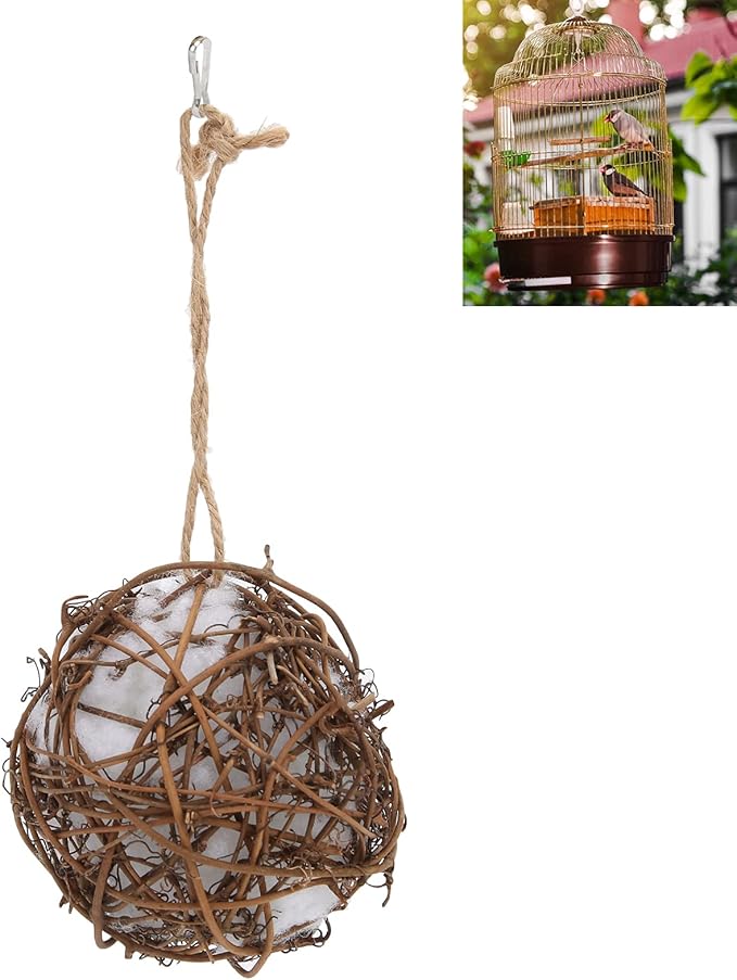 Parrot Rattan Ball Toy, Humming Bird Nesting Rattan Ball Toy with Refillable Cotton for Wild Birds Wrens Finches Sparrows