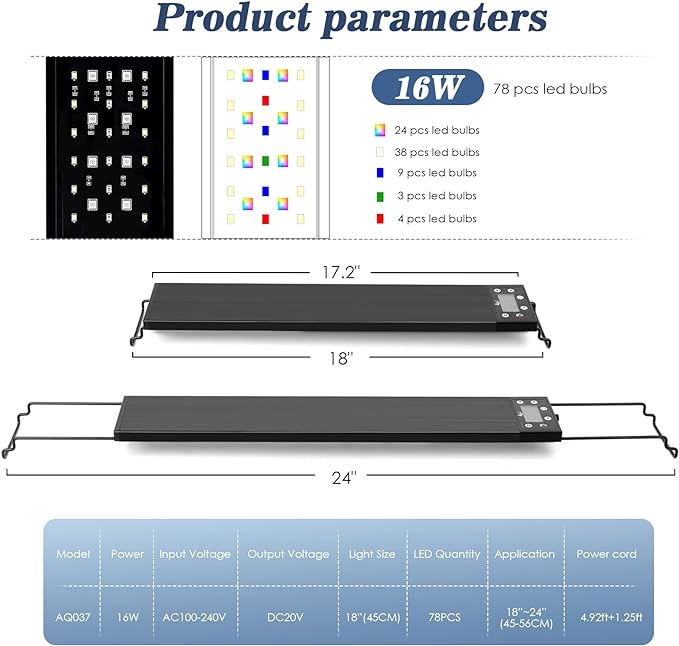 AQQA Aquarium Light,Multi-Function Fish Tank Led Light 24/7 DIY Auto On Off + Night Mode + Day Mode + Full Spectrum + 7 Colors,Adjustable Brightness Waterproof with Timer for Freshwater 16W